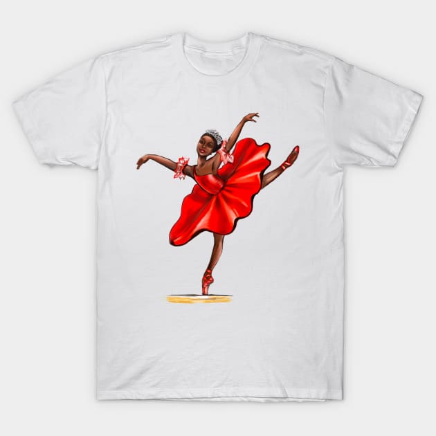 Ballet in red pointe shoes, dress and crown - ballerina doing pirouette in red tutu T-Shirt by Artonmytee